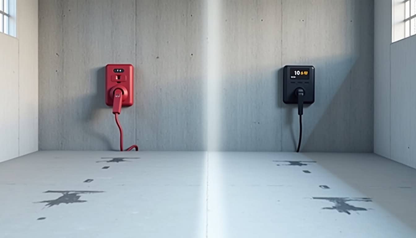 Comparaison visuelle entre une prise renforcée et une borne murale (wallbox) installée dans un garage à Replonges