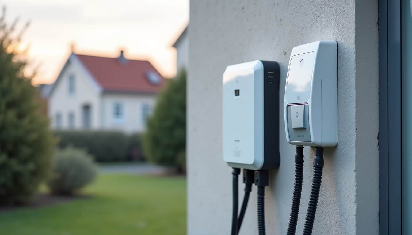 Comparaison visuelle entre une prise renforcée et une wallbox murale pour véhicule électrique à Beynost