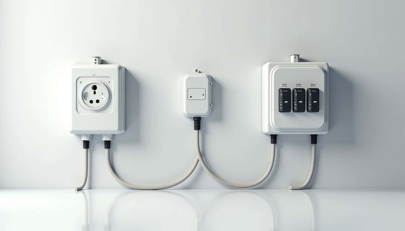 Comparaison visuelle entre une prise renforcée, une wallbox standard et une borne triphasée pour véhicule électrique