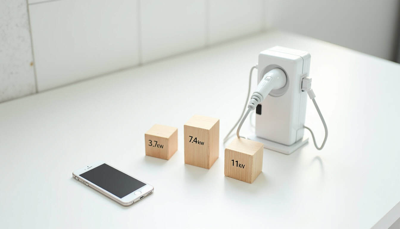 Comparatif des différentes bornes de recharge selon leur puissance et leurs fonctionnalités: 3,7 kW, 7,4 kW, 11 kW, pilotage à distance, délestage, etc.