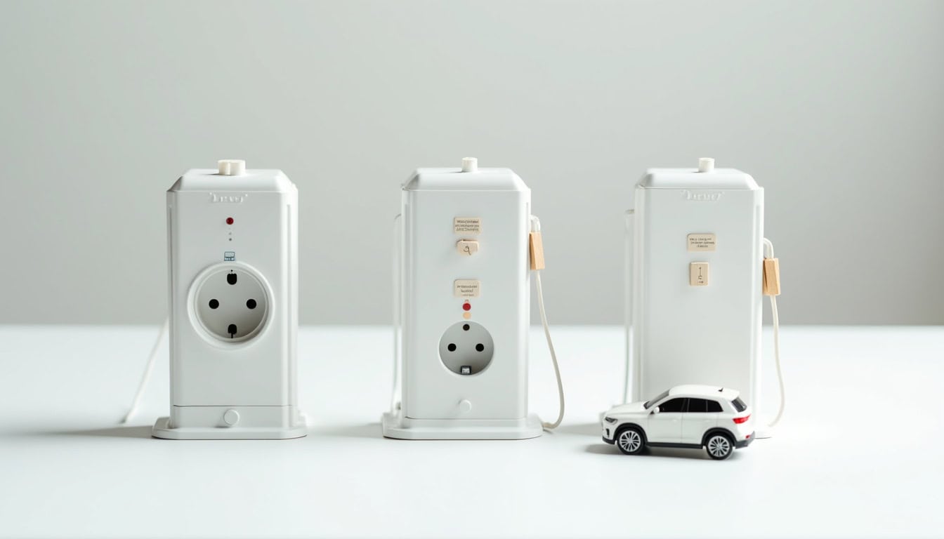 Comparatif des différents types de bornes de recharge électrique: prise renforcée, wallbox monophasée, wallbox triphasée