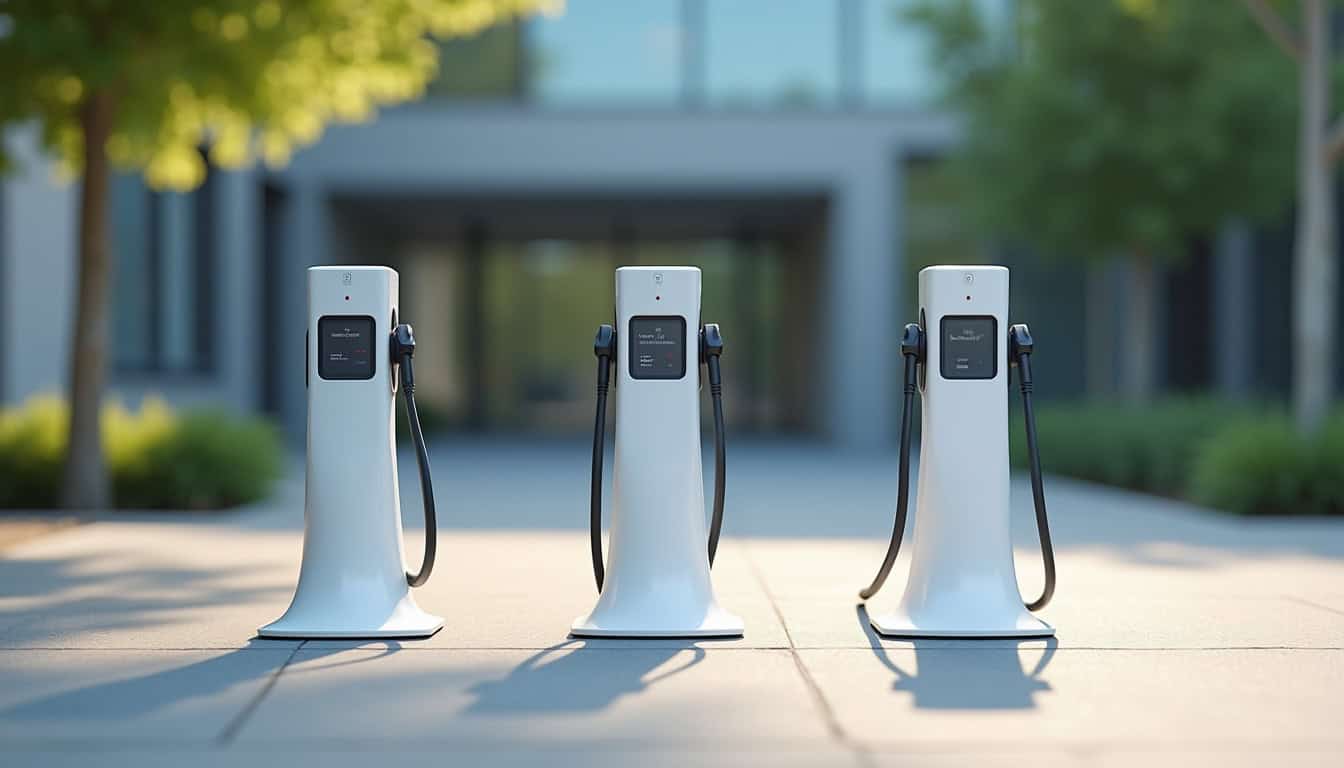 Comparatif visuel des différents types de bornes de recharge pour voitures électriques installées à Fleurieu-sur-Saône