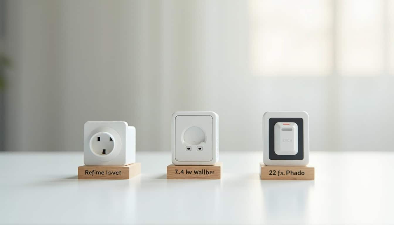 Comparatif visuel des différents types de bornes de recharge: prise renforcée, wallbox 7,4 kW et borne triphasée 22 kW