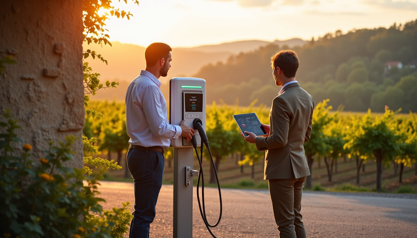 Deux professionnels discutant des aides disponibles pour l’installation d’une borne de recharge en Dordogne