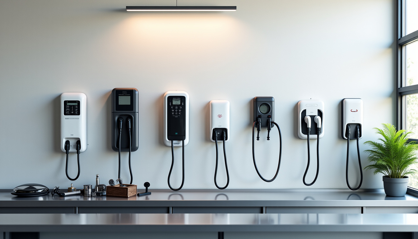 Différents modèles de bornes de recharge électrique exposés en atelier