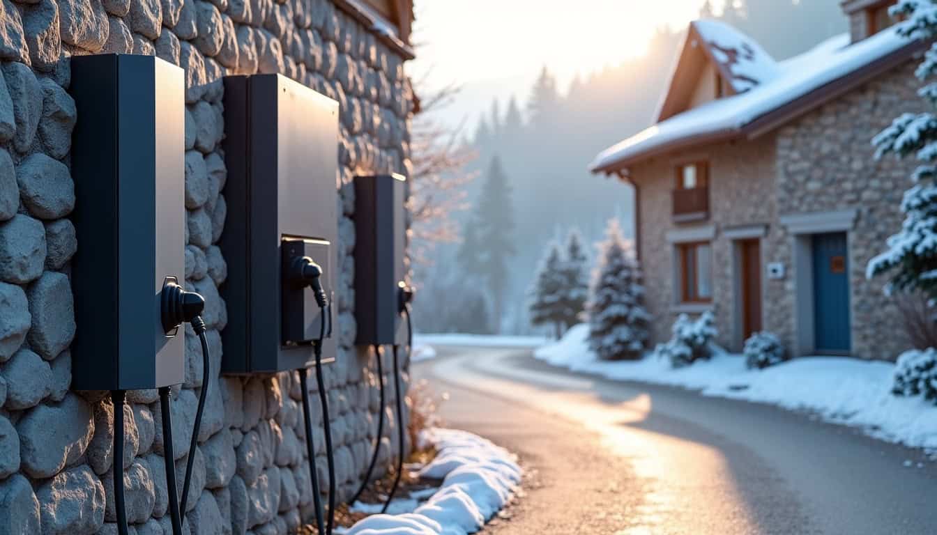 Différents modèles de bornes de recharge électrique installées à Lapoutroie, montrant une prise renforcée, une wallbox murale et une borne triphasée 22 kW