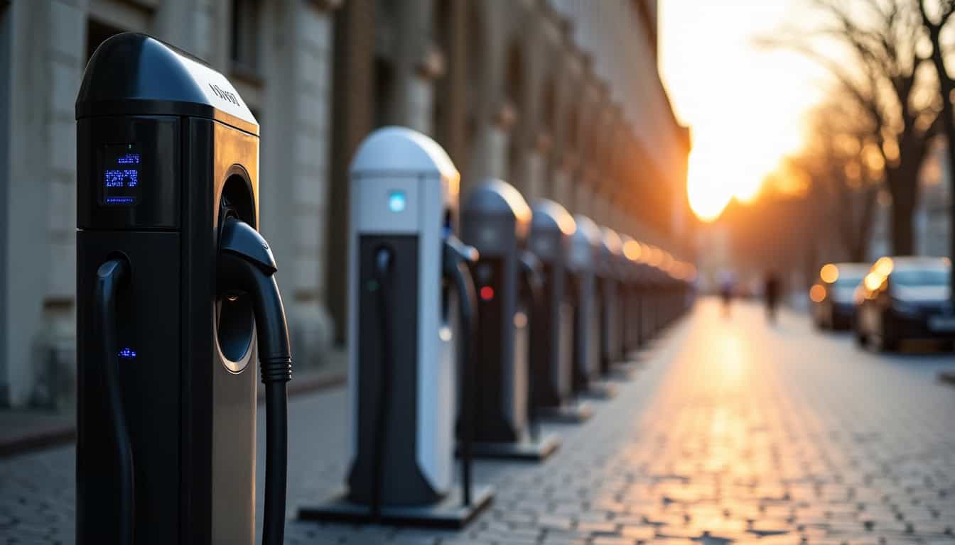 Différents modèles de bornes de recharge électrique installées à Troarn, montrant les designs et tailles courantes en 2026