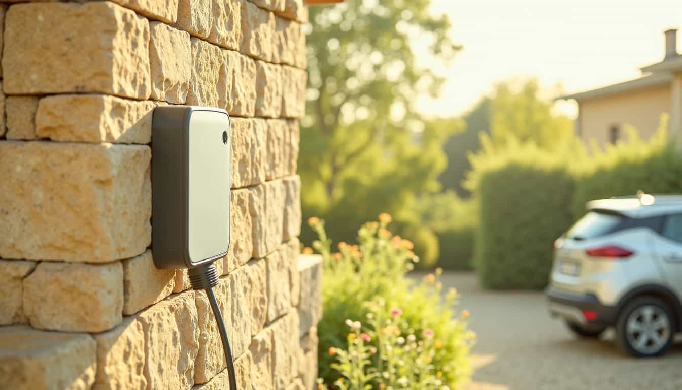 Différents modèles de bornes de recharge électrique installées dans un environnement domestique à Domfront-en-Champagne