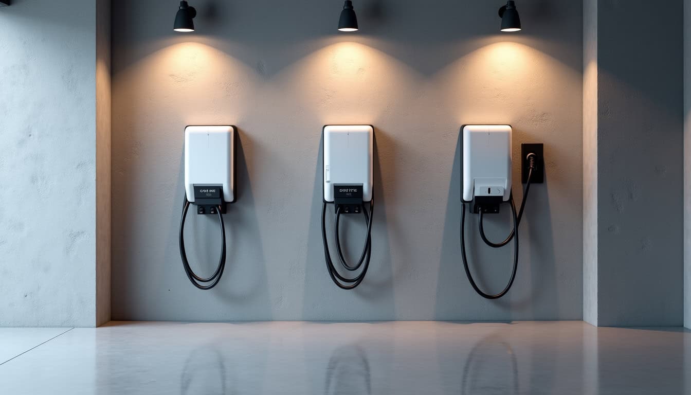 Différents modèles de bornes de recharge électrique installées dans un garage à Rives-d