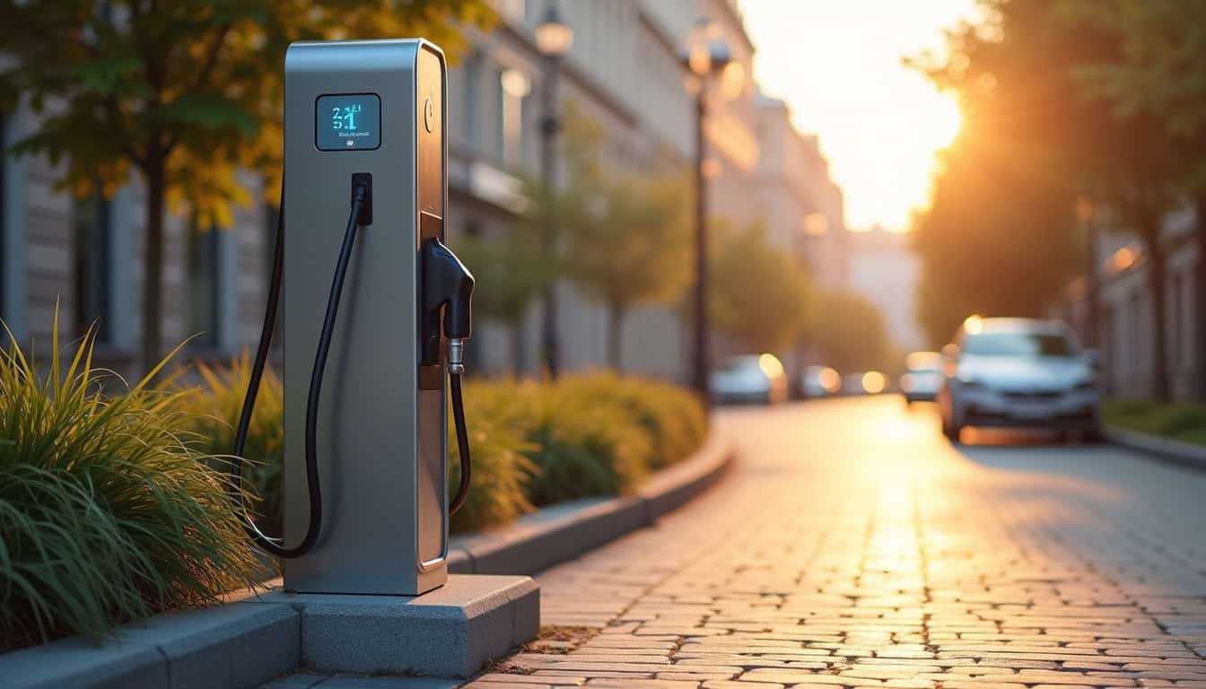 Différents modèles de bornes de recharge électrique installées en extérieur