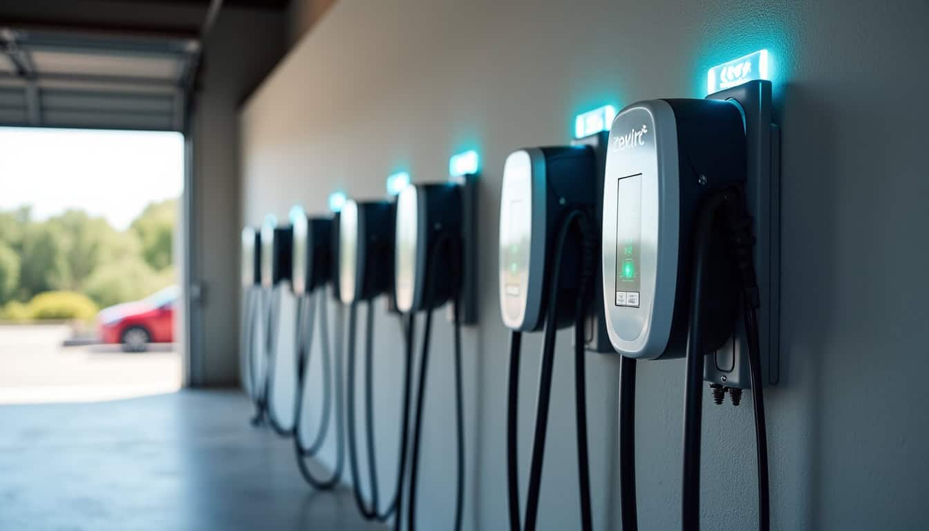 Différents modèles de bornes de recharge électrique installés dans un garage à Les Loges-en-Josas