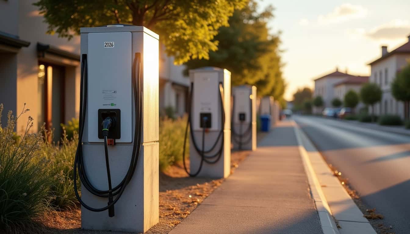 Différents modèles de bornes de recharge installées en extérieur à Muret