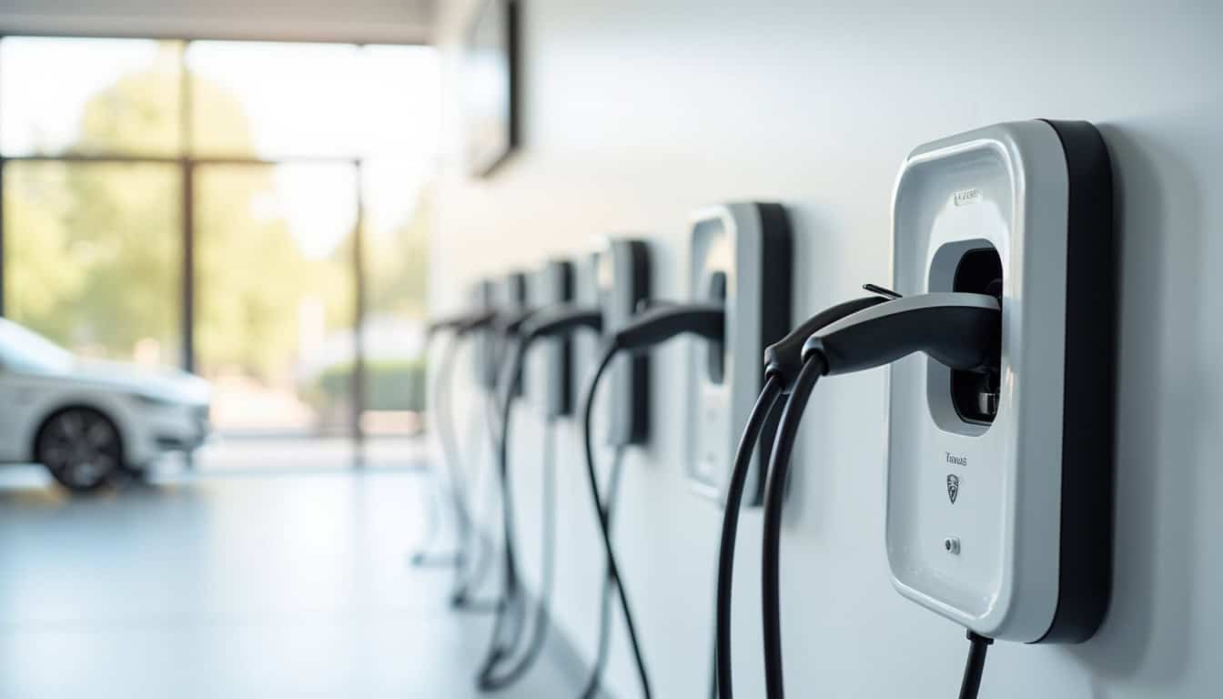 Différents modèles de bornes de recharge murales exposés en intérieur