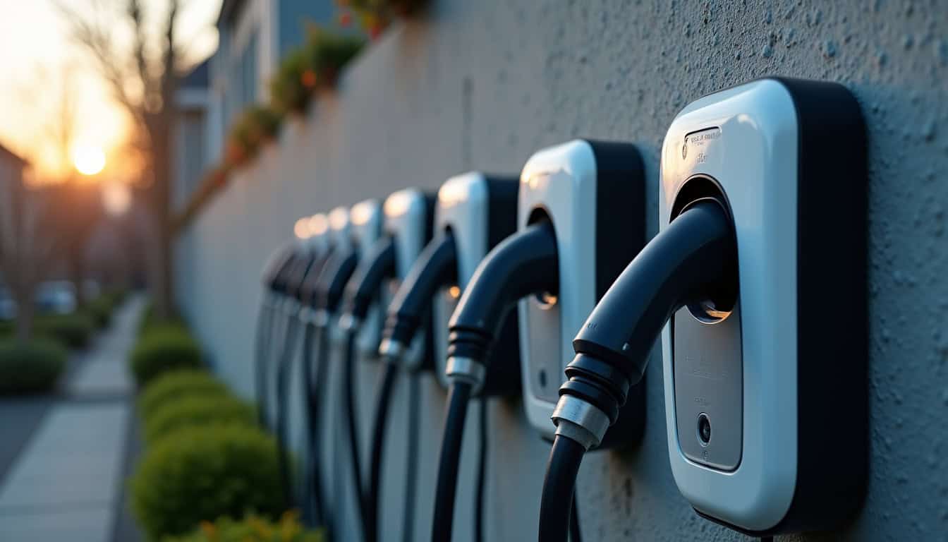 Différents modèles de bornes de recharge murales installées sur un mur extérieur, avec câbles et connecteurs visibles