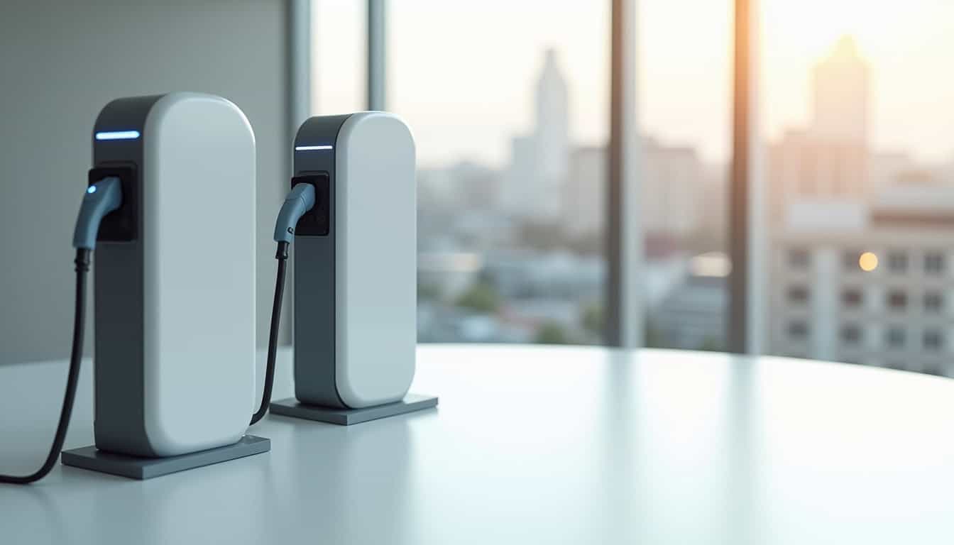 Différents modèles de bornes de recharge pour véhicules électriques exposés côte à côte
