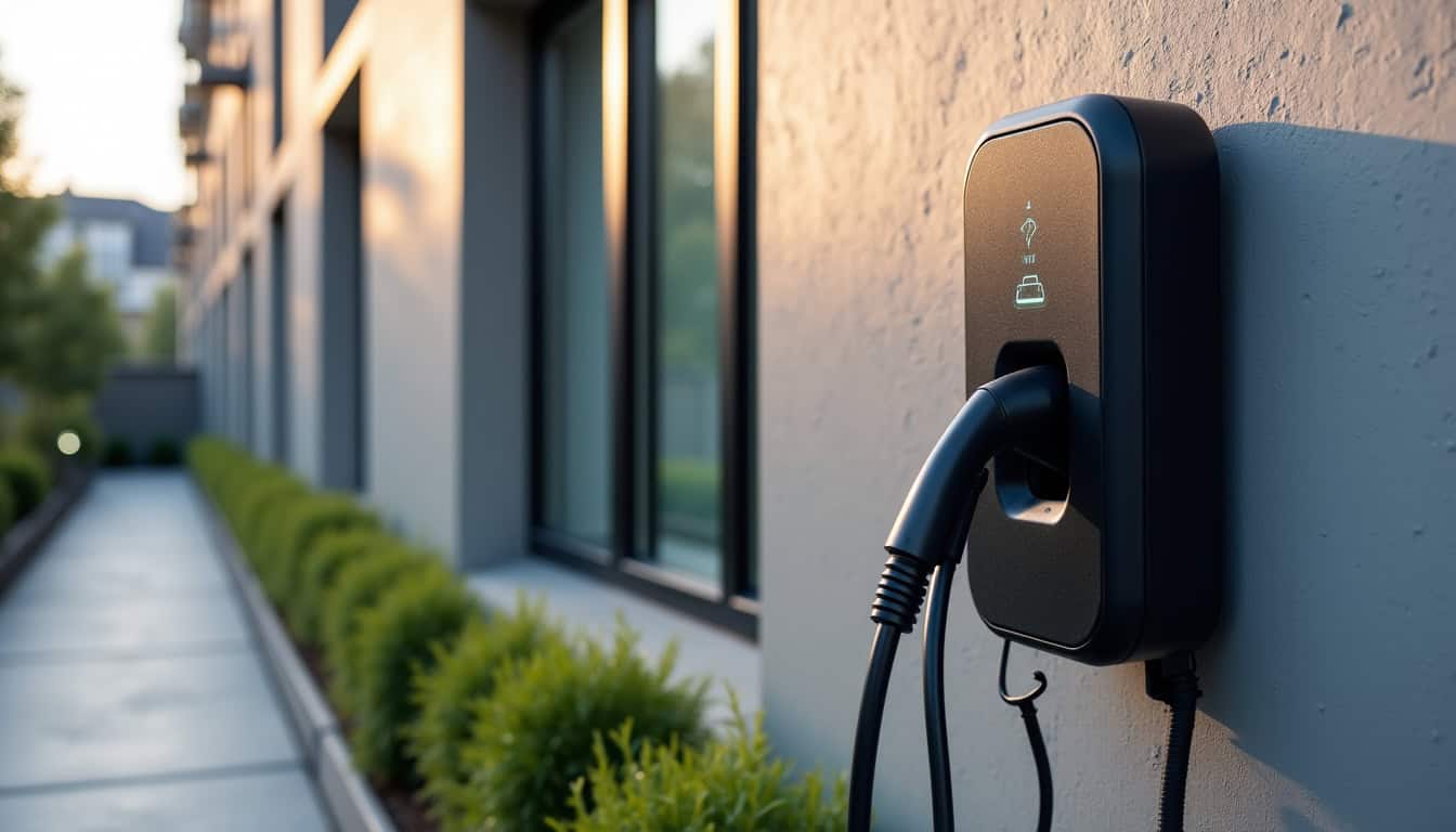 Différents modèles de bornes de recharge pour voitures électriques installées en extérieur