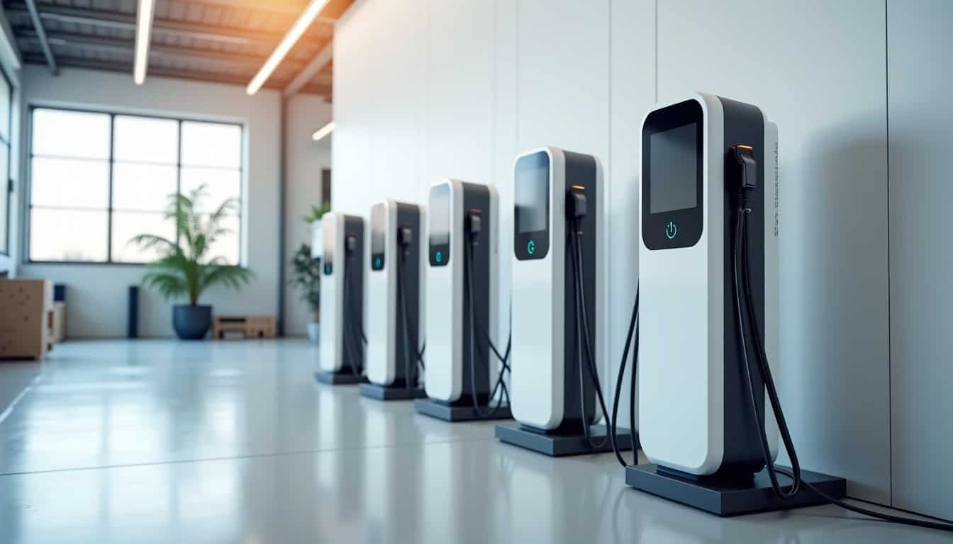 Différents modèles de bornes électriques exposés en atelier