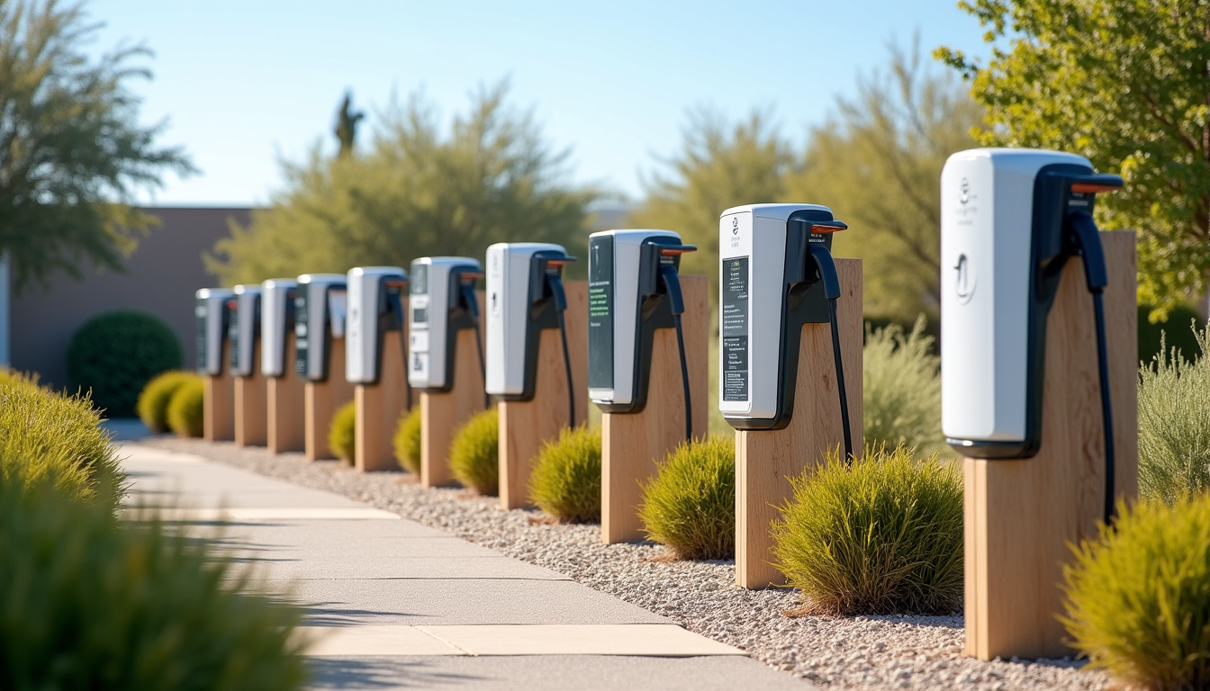 Différents modèles de bornes électriques exposés en extérieur avec étiquettes techniques