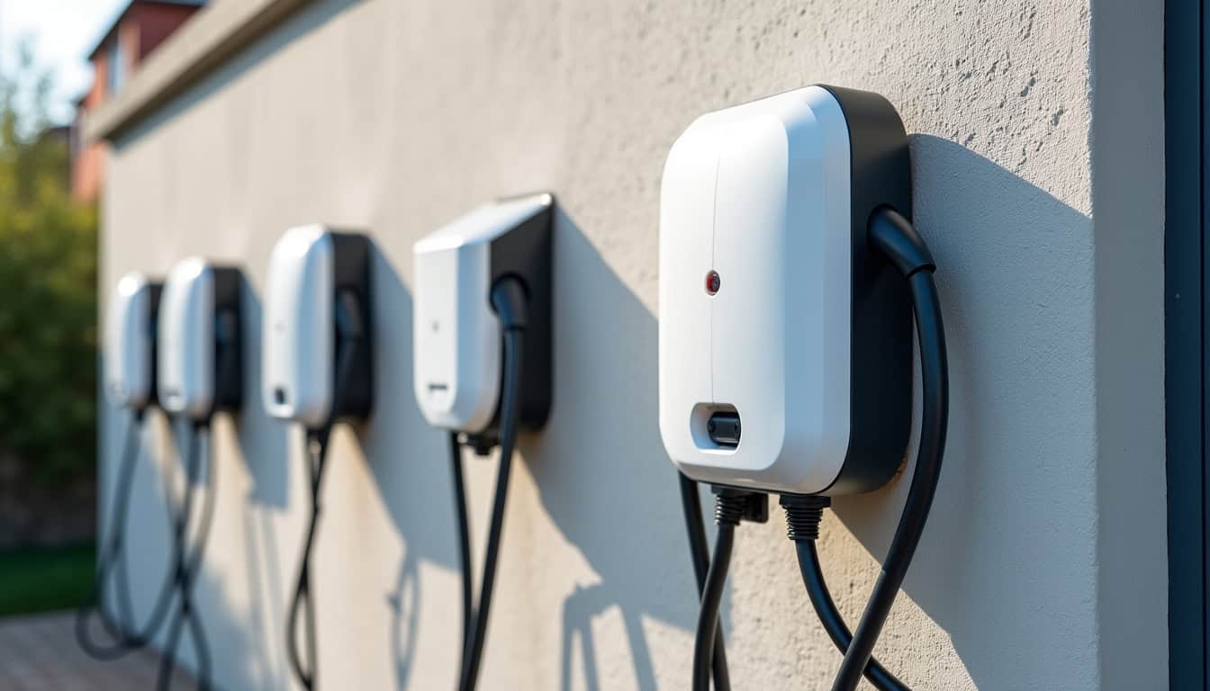Différents modèles de bornes électriques posées sur un mur extérieur