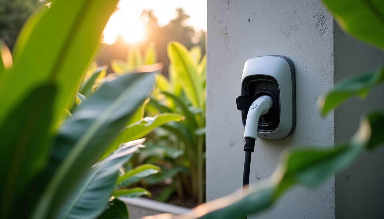 Différents types de bornes de recharge électrique installées à La Réunion, avec prise de type 2 et borne pilotée