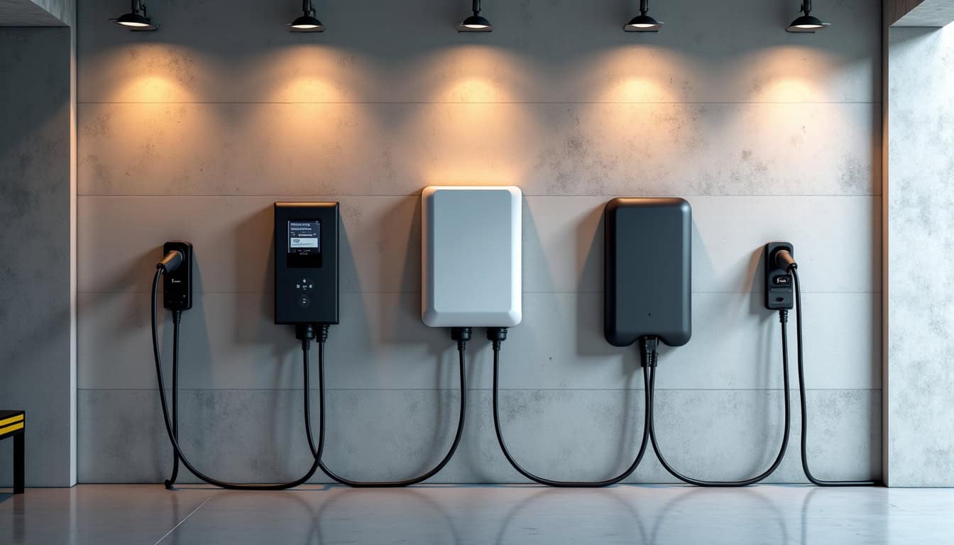 Différents types de bornes de recharge électrique installées dans un garage à Les Magnils-Reigniers