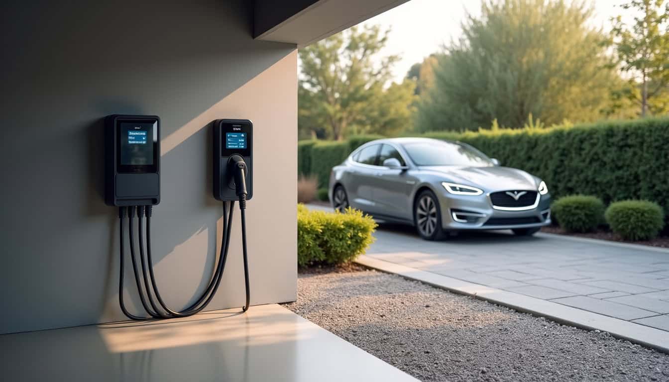 Différents types de bornes de recharge électrique installées dans un garage et en extérieur