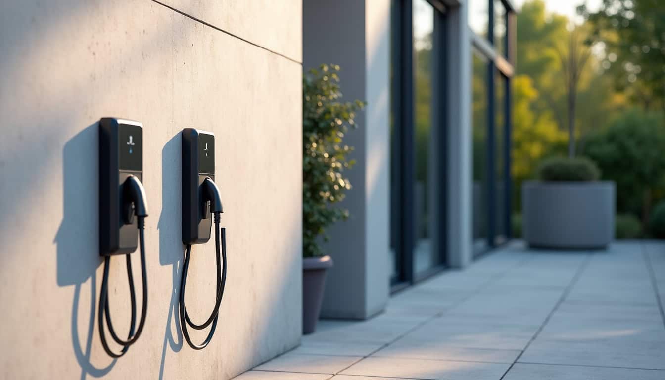 Différents types de bornes de recharge électrique posées sur un mur extérieur et un support au sol