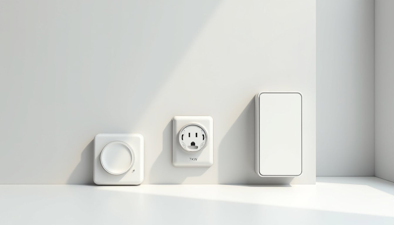 Différents types de bornes de recharge électrique pour véhicules, montrant une wallbox 7kW, une prise renforcée et une borne triphasée 22kW