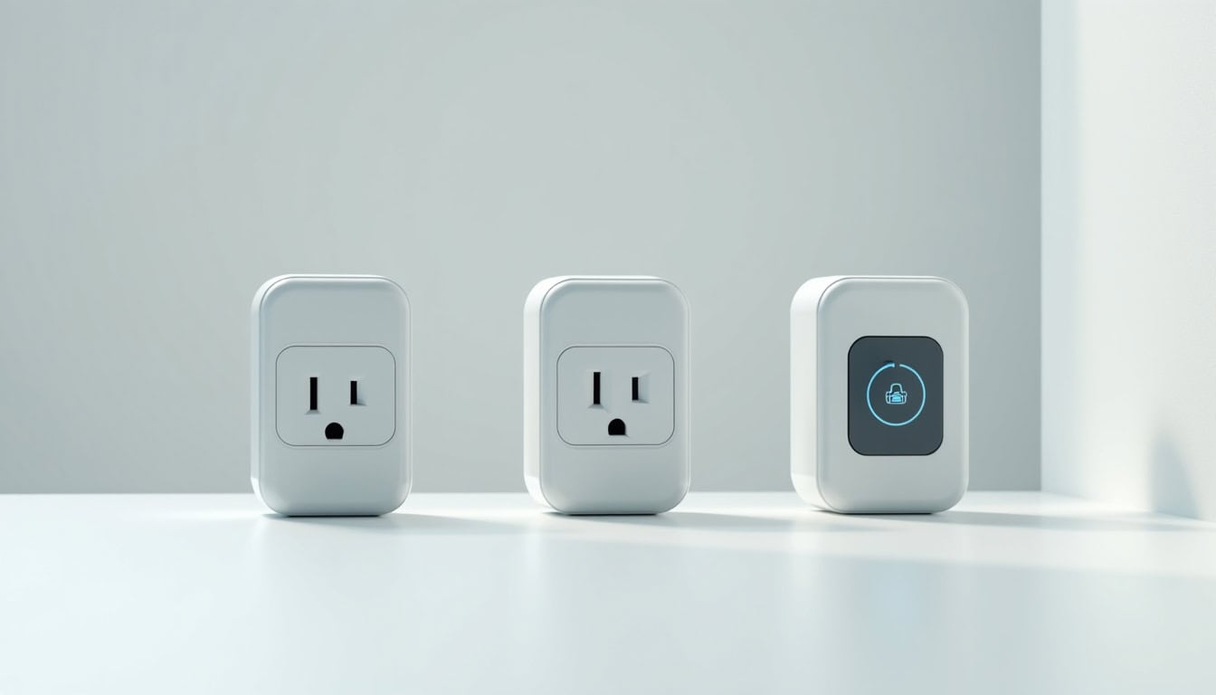 Différents types de bornes de recharge exposées sur un plan de travail: prise renforcée, wallbox standard, wallbox intelligente