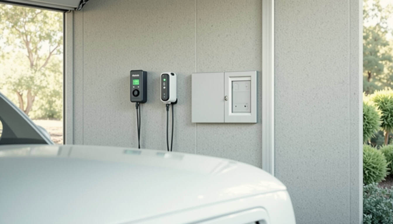 Différents types de bornes de recharge murales et portables installées dans un garage à Le Péage-de-Roussillon