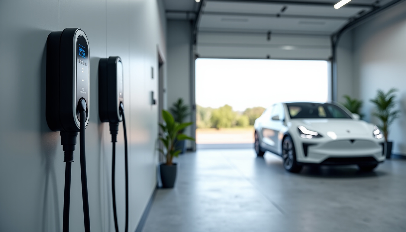 Différents types de bornes de recharge pour véhicules électriques installées dans un garage
