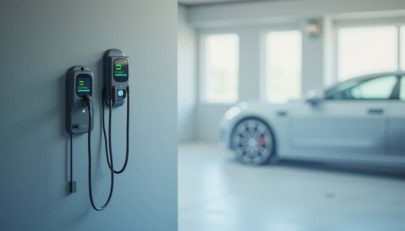 Différents types de bornes de recharge pour véhicules électriques installées dans un garage