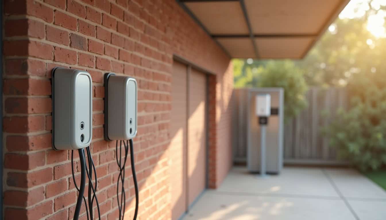 Différents types de bornes de recharge pour véhicules électriques posés dans un garage et en extérieur