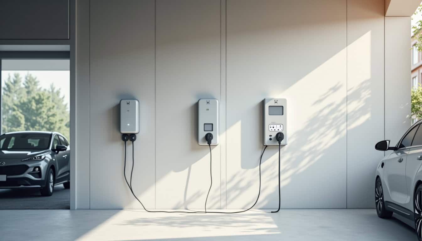 Différents types de bornes électriques installées dans un garage à Saint-Alban-Auriolles