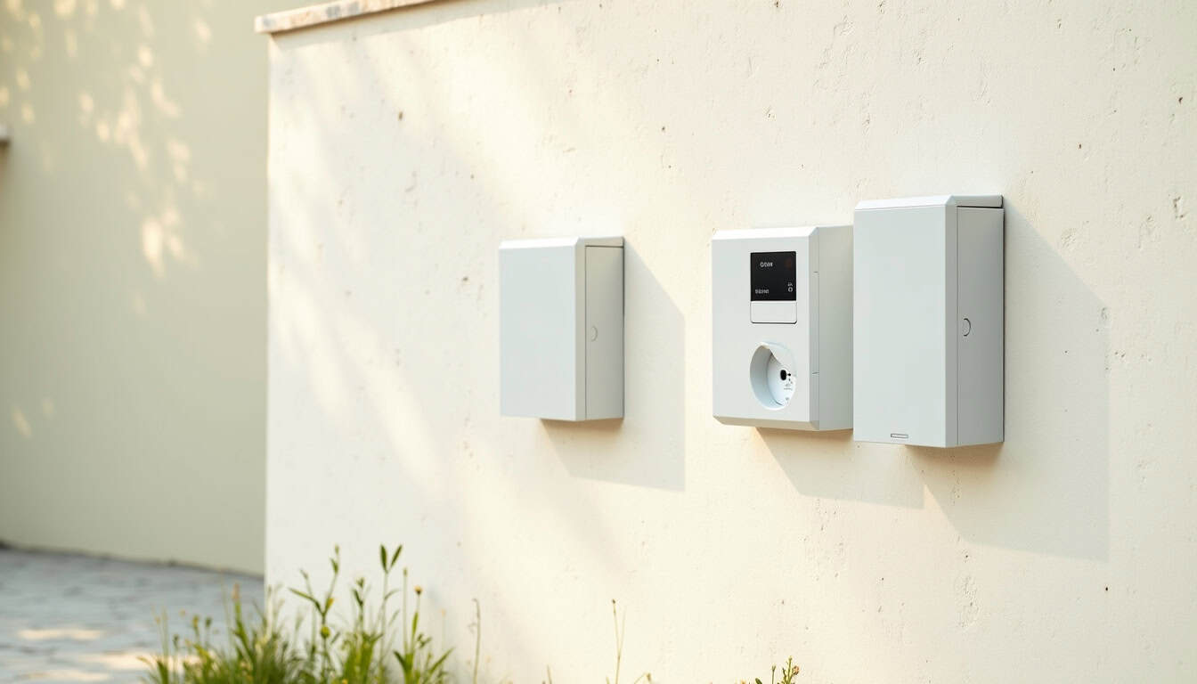 Différents types de bornes électriques installées sur un mur extérieur à Saint-Georges-sur-Cher