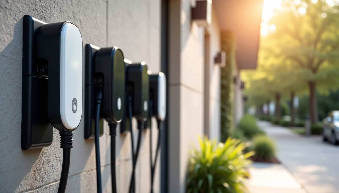 Différents types de bornes électriques murales installées sur un mur extérieur