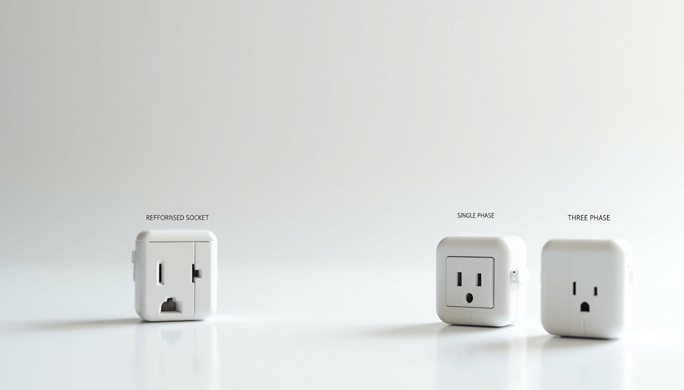 Différents types de bornes électriques: prise renforcée, wallbox monophasée et triphasée