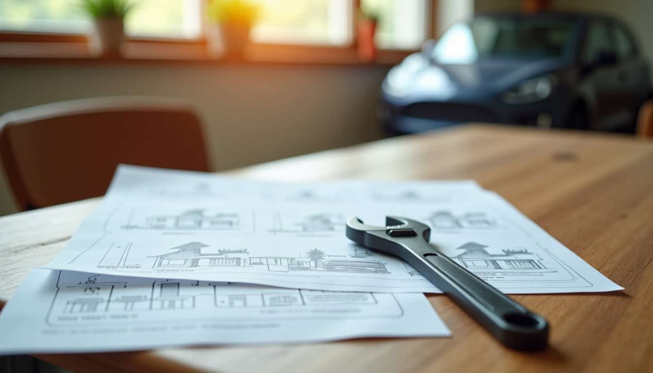 Document administratif et clé à molette posés sur une table en bois, symbolisant les démarches pour l