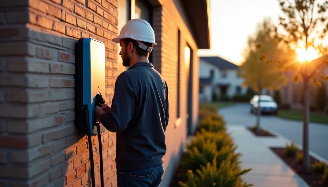 Électricien certifié en train d’installer une borne de recharge à Aslonnes