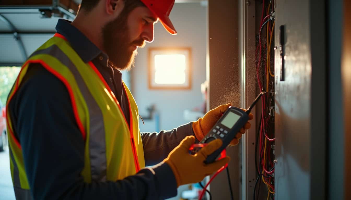 Électricien certifié IRVE effectuant un diagnostic électrique dans un garage
