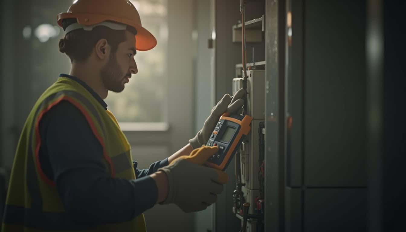 Électricien certifié IRVE en train de réaliser un diagnostic électrique avant l’installation d’une borne à Guérard