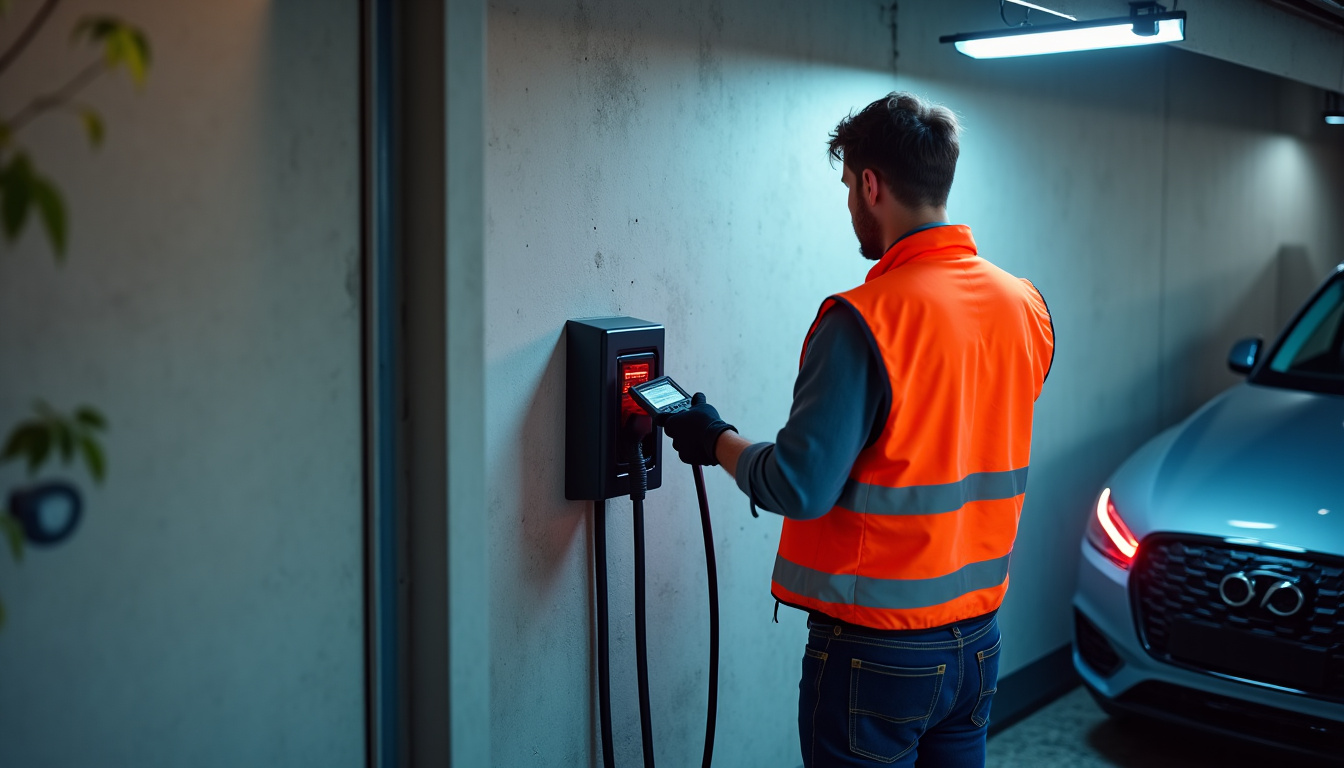 Électricien certifié IRVE en train de tester une borne de recharge fraîchement installée dans un garage à Aigre