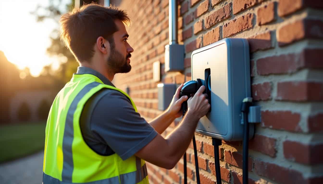 Électricien certifié IRVE en train d’installer une borne à Roisel