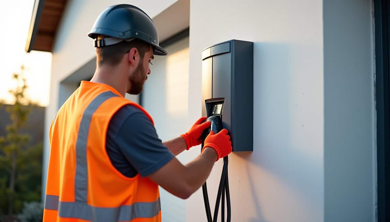 Électricien certifié IRVE en train d’installer une borne de recharge à Aubiet