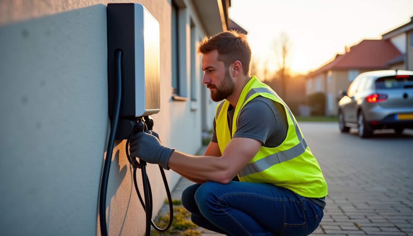 Électricien certifié IRVE en train d’installer une borne de recharge à Saint-Léger-lès-Domart