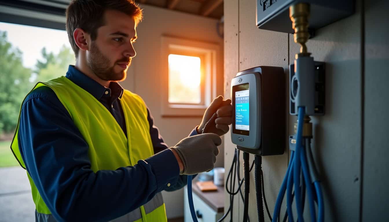 Électricien certifié IRVE en train d’installer une borne de recharge dans un garage à Les Premiers Sapins