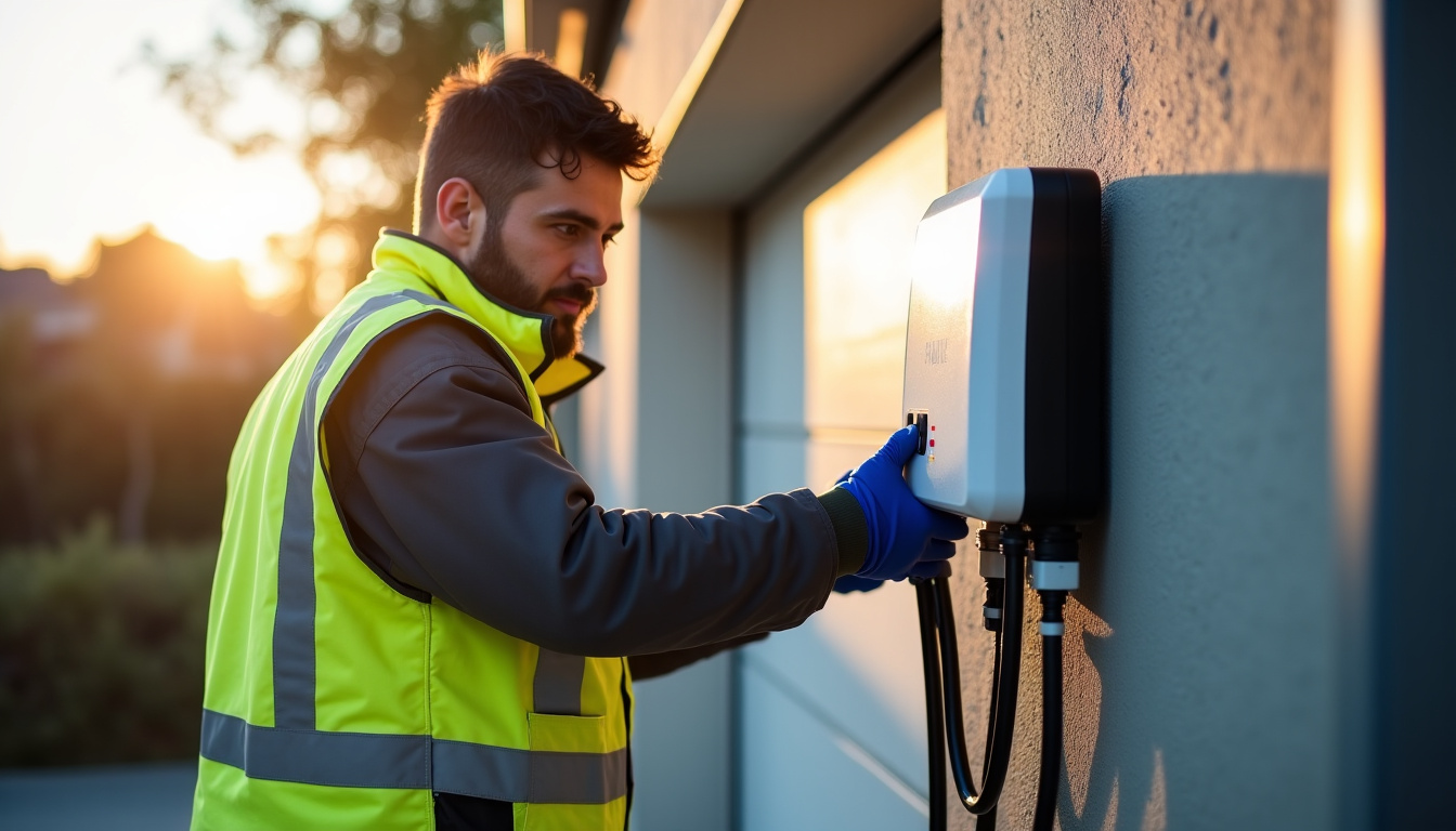Électricien certifié IRVE en train d’installer une borne de recharge électrique à Muizon