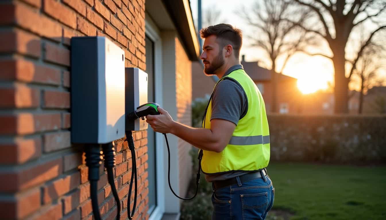 Électricien certifié IRVE en train d’installer une borne de recharge électrique à Villiers-en-Lieu