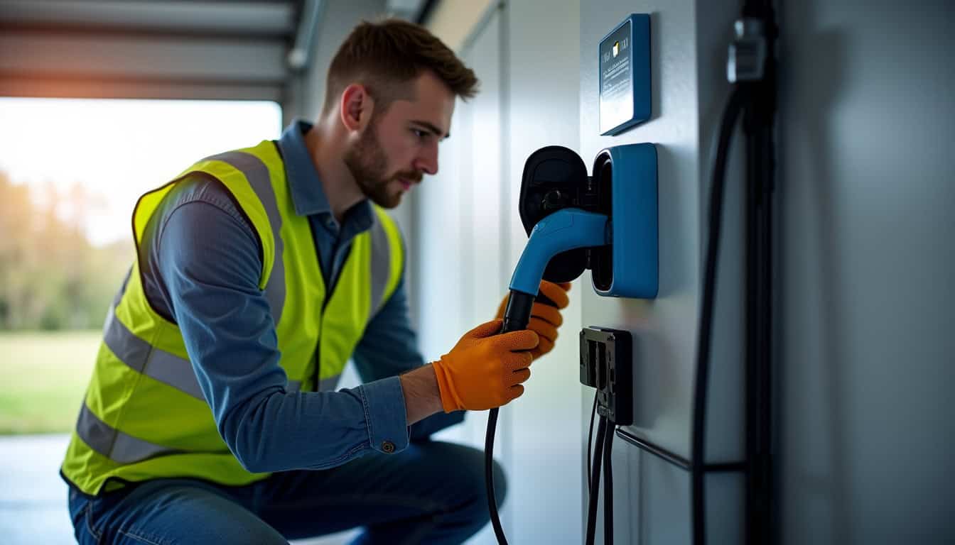 Électricien certifié IRVE en train d’installer une borne de recharge électrique dans une maison à Carantec