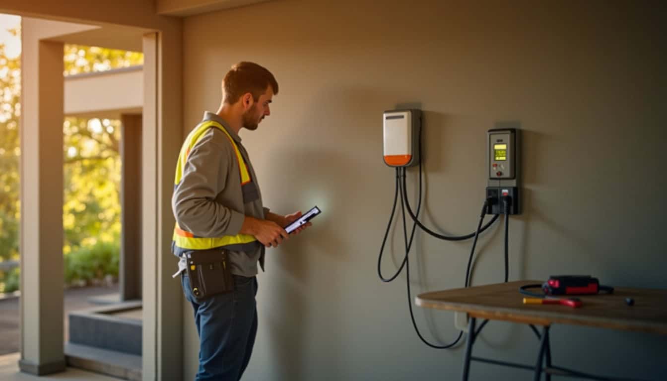 Électricien certifié IRVE en train d’installer une borne de recharge électrique dans une maison à Montmeyran